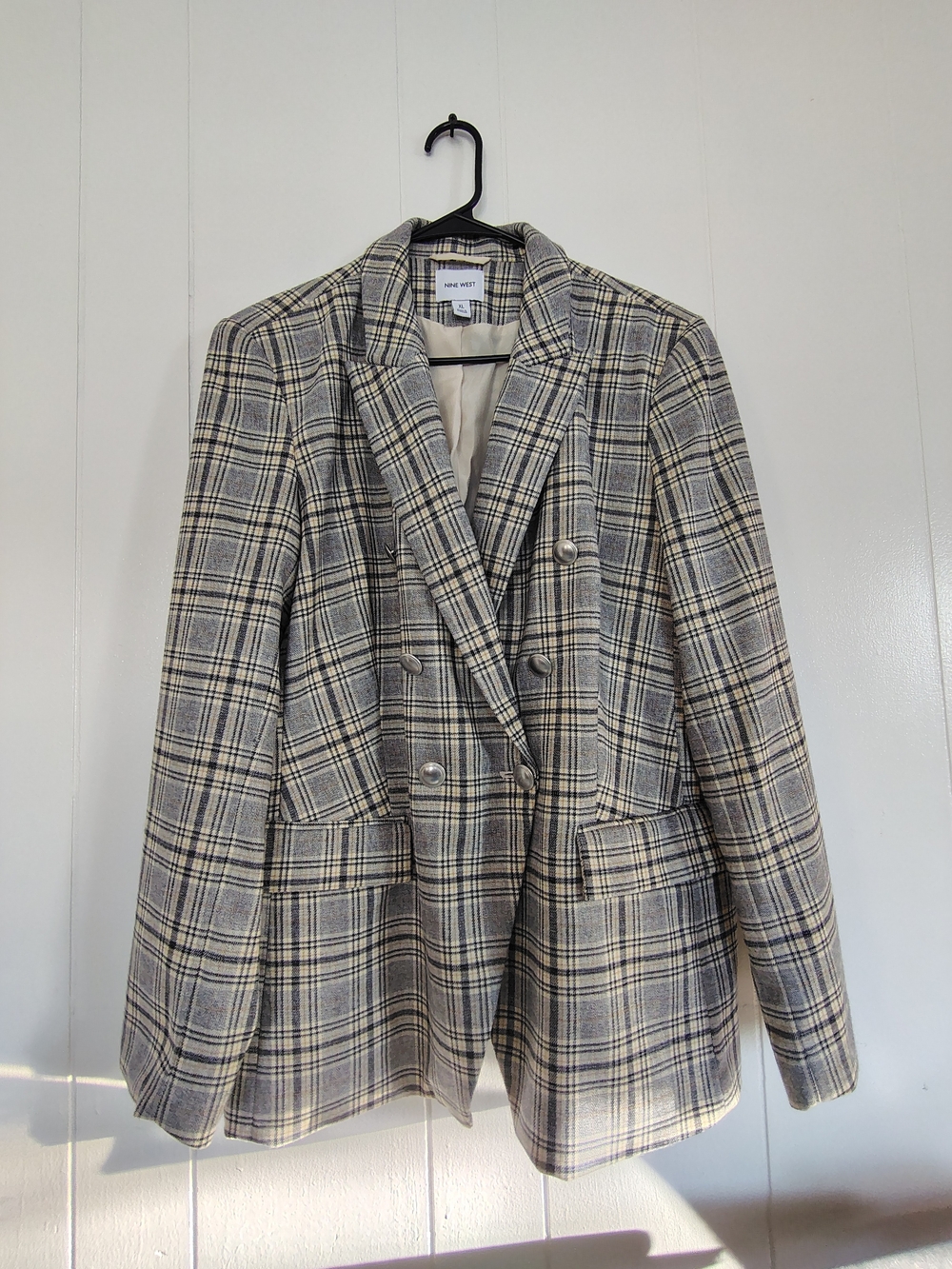 Nine West Plaid Double-Breasted Blazer in Cream and Black